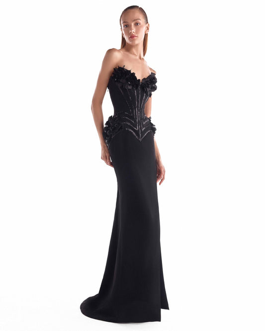 Noir Petal-Embellished Sculpted Corset Gown