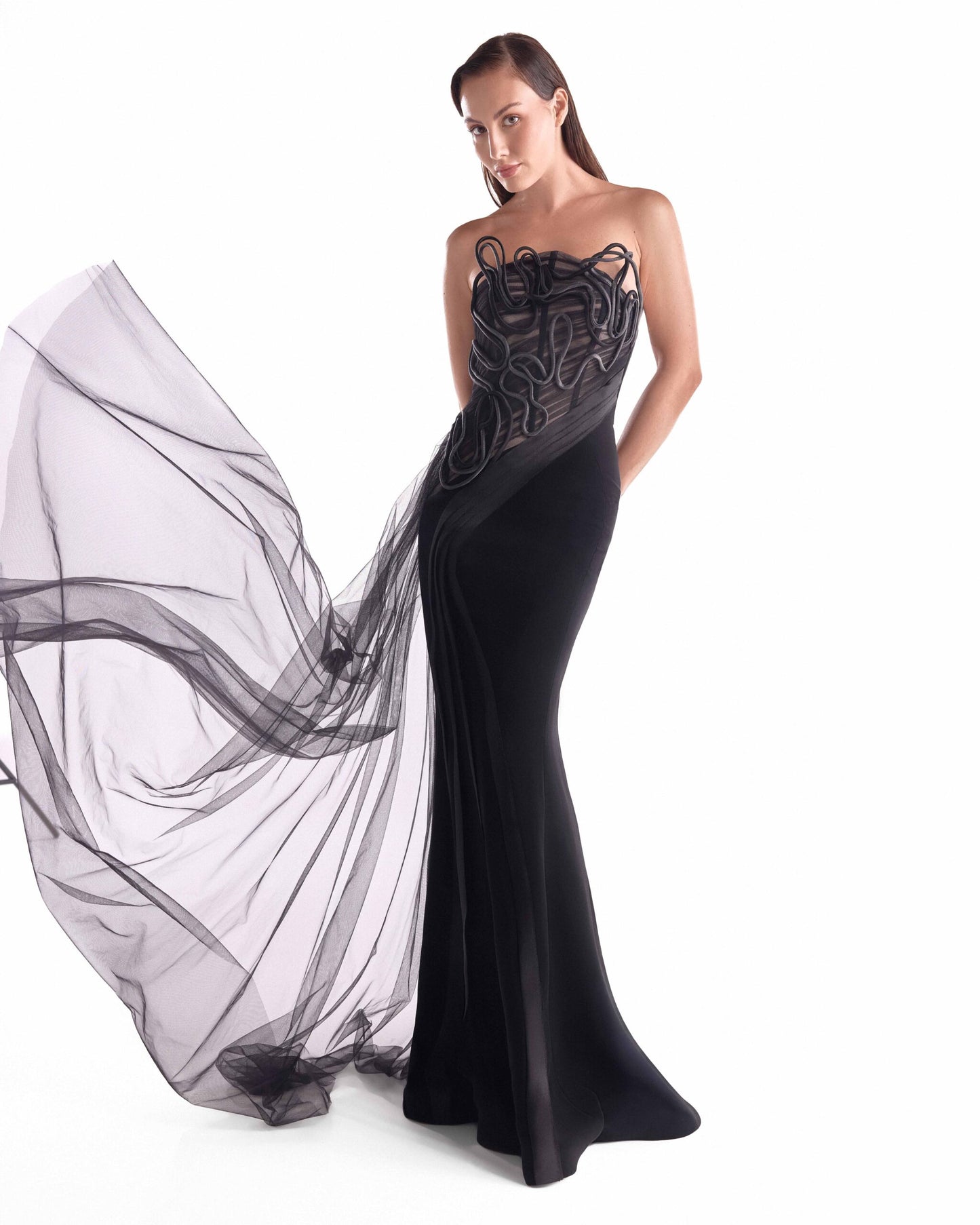 Artfully Corded Illusion Bodice Black Gown