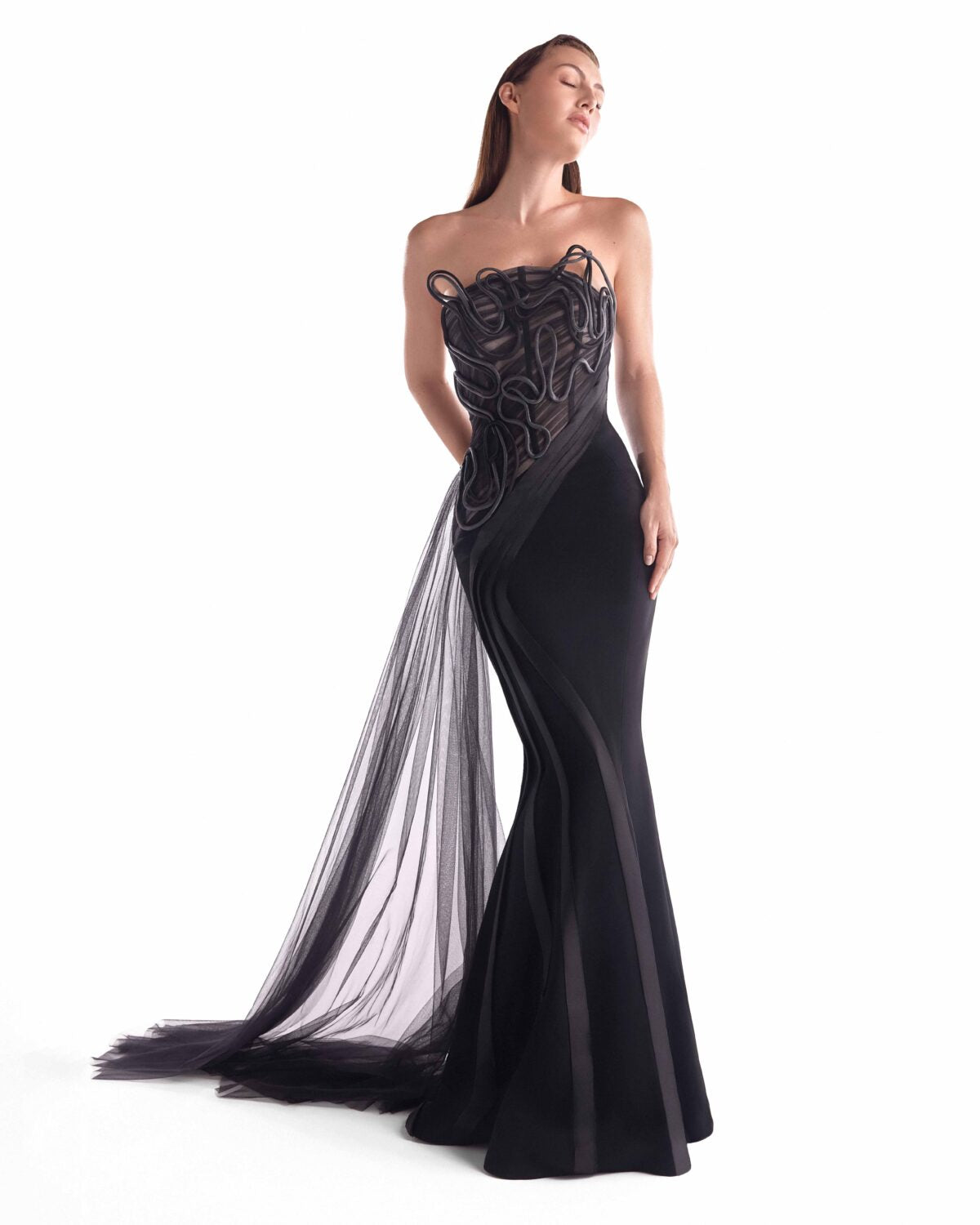 Artfully Corded Illusion Bodice Black Gown