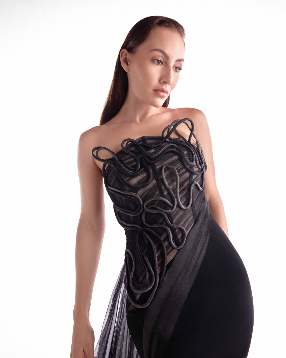 Artfully Corded Illusion Bodice Black Gown