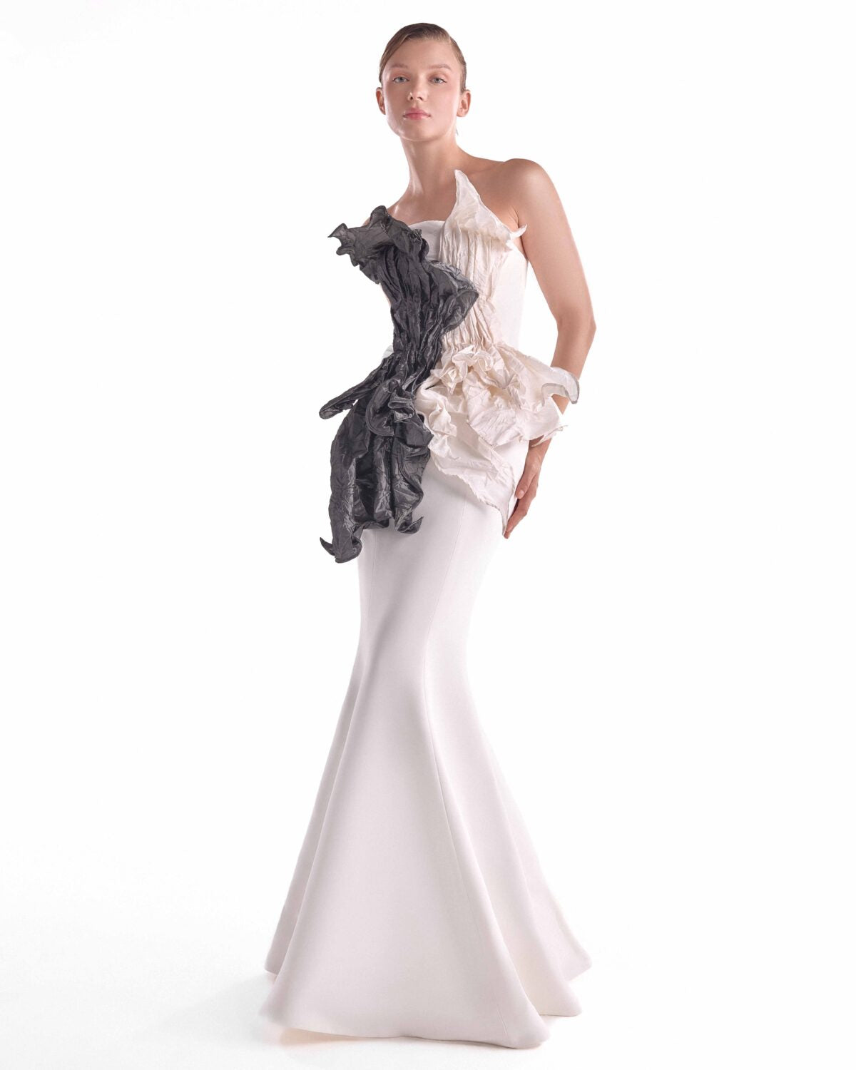 Sculpted Dual-Tone Taffeta Bloom, Off-White Mermaid Gown