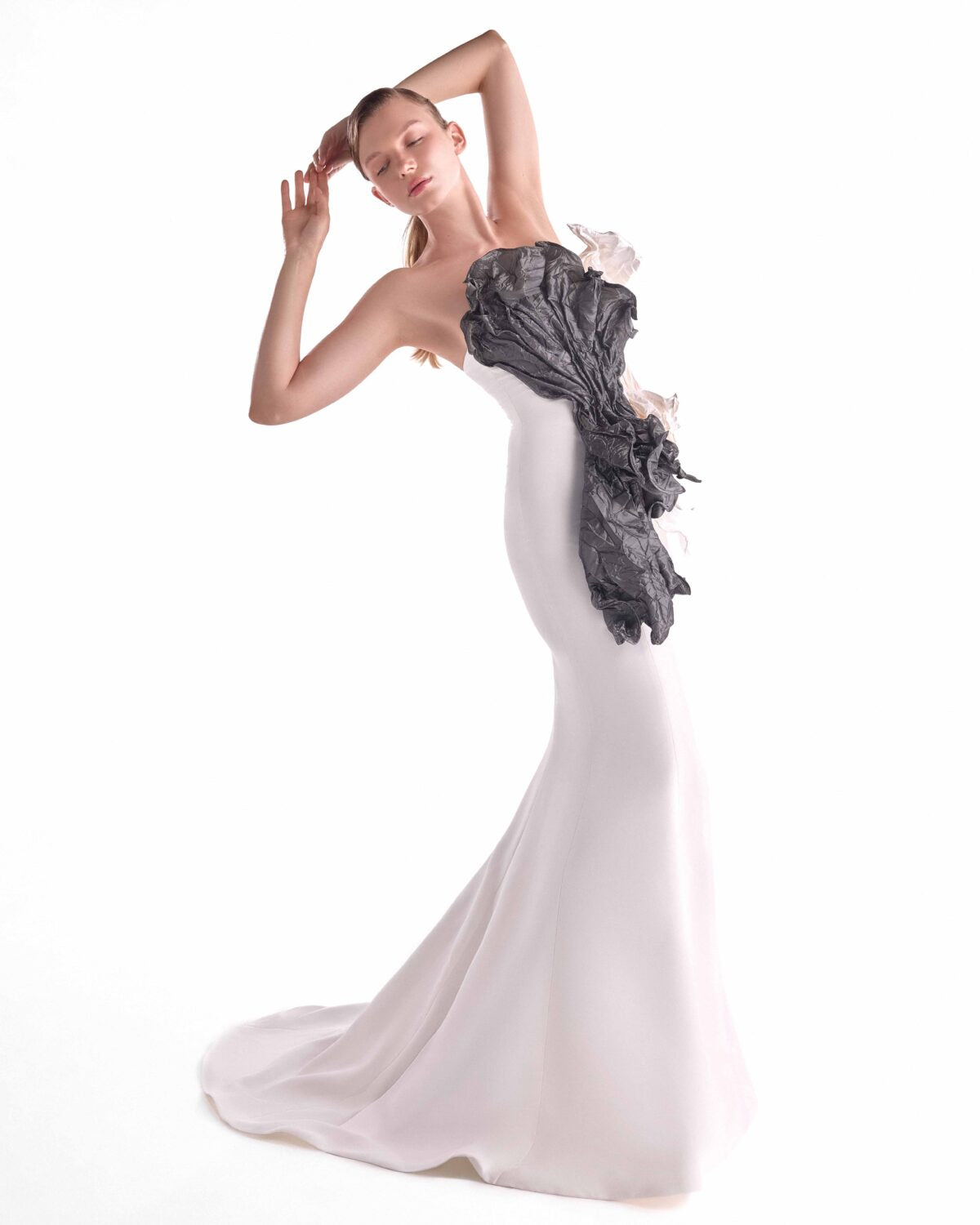 Sculpted Dual-Tone Taffeta Bloom, Off-White Mermaid Gown