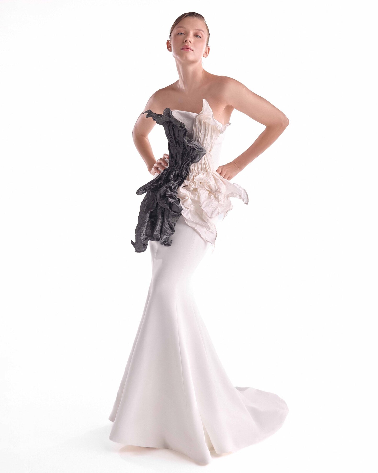 Sculpted Dual-Tone Taffeta Bloom, Off-White Mermaid Gown