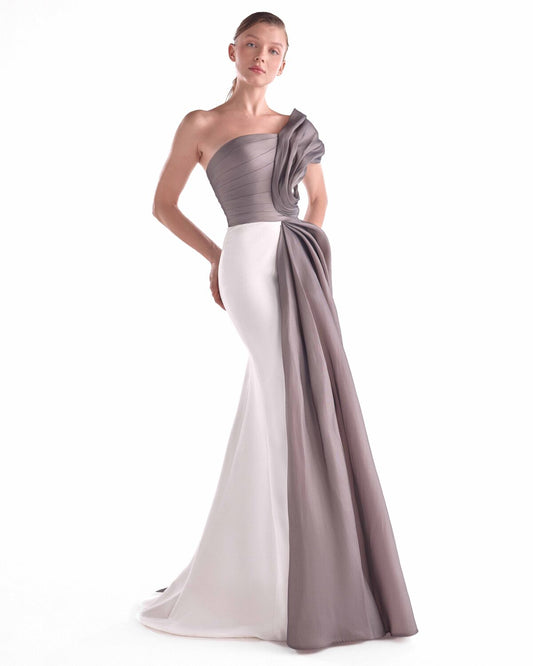 One-Shoulder Mixed Media Gown in Off-White and Anthracite
