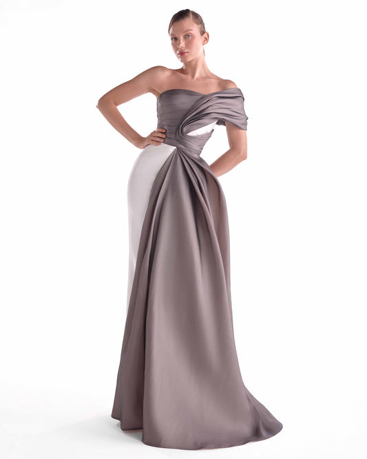 One-Shoulder Mixed Media Gown in Off-White and Anthracite