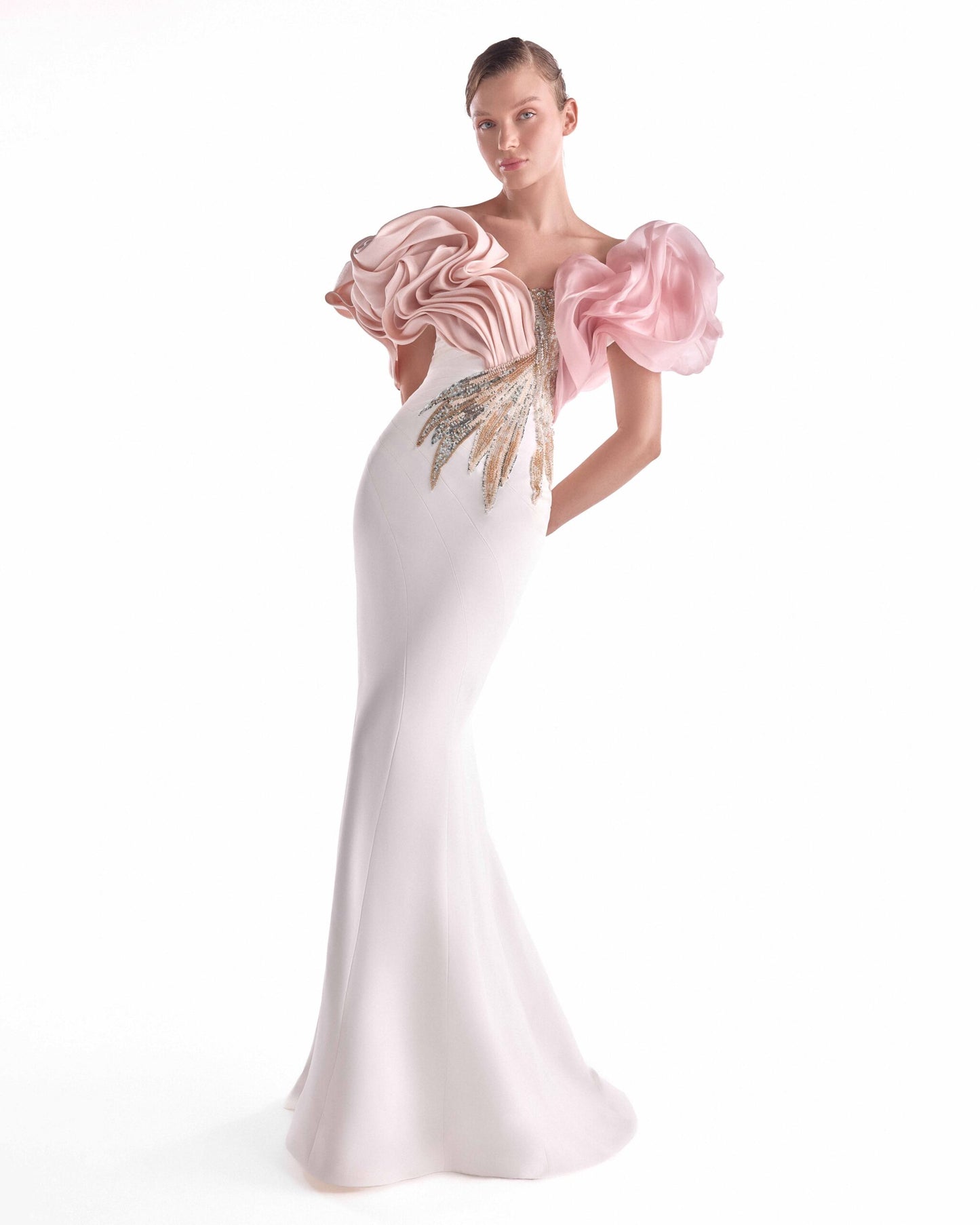Blooming Blush Shoulders, Off-White Mermaid Embellilshed Gown
