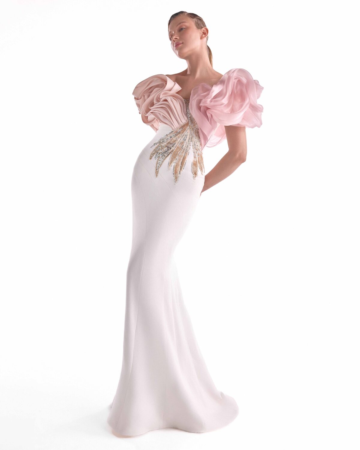 Blooming Blush Shoulders, Off-White Mermaid Embellilshed Gown