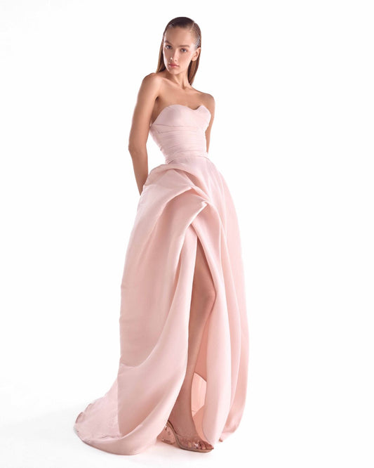 Draped Bodice Salmon Pink Fluid Organza Gown
