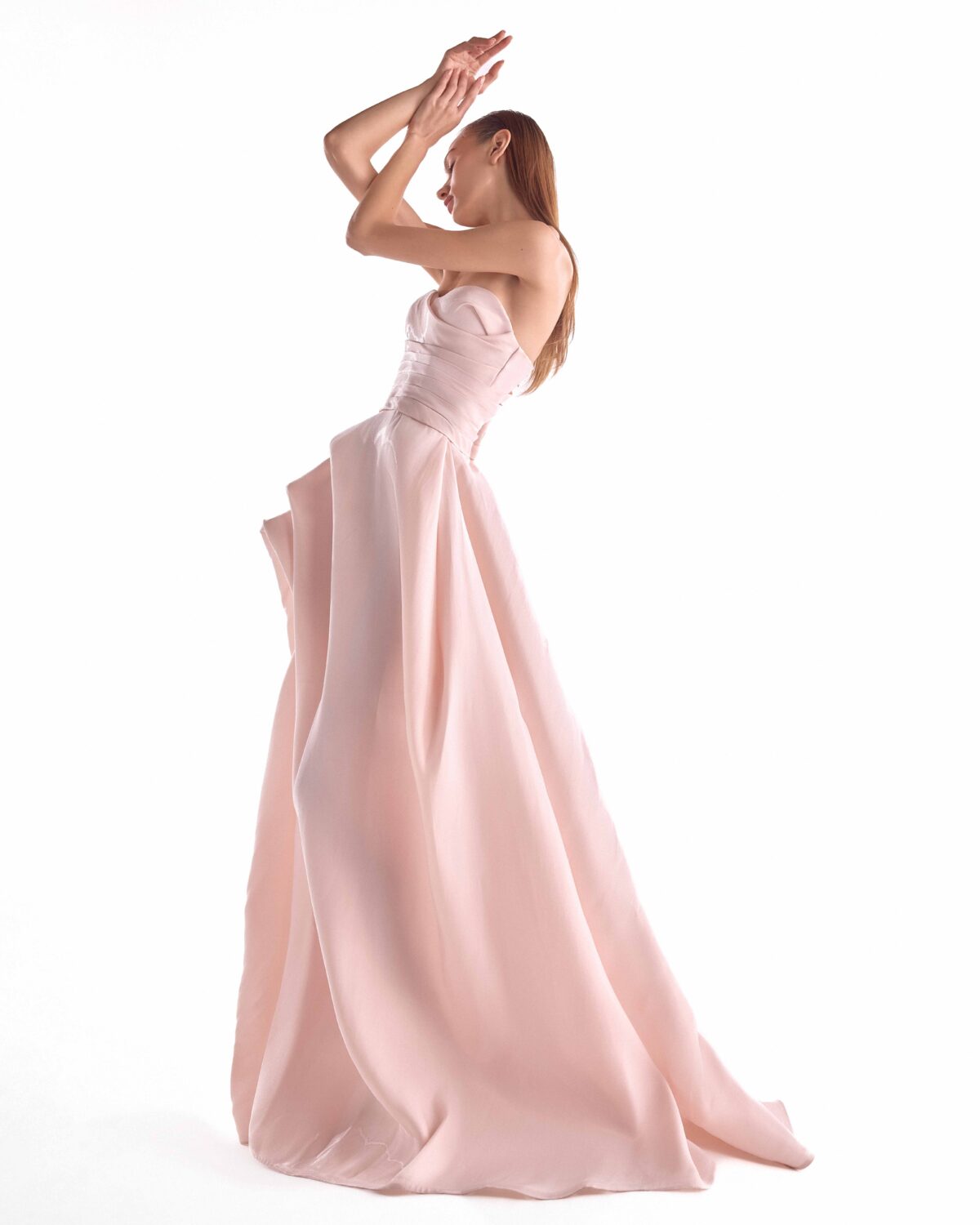 Draped Bodice Salmon Pink Fluid Organza Gown