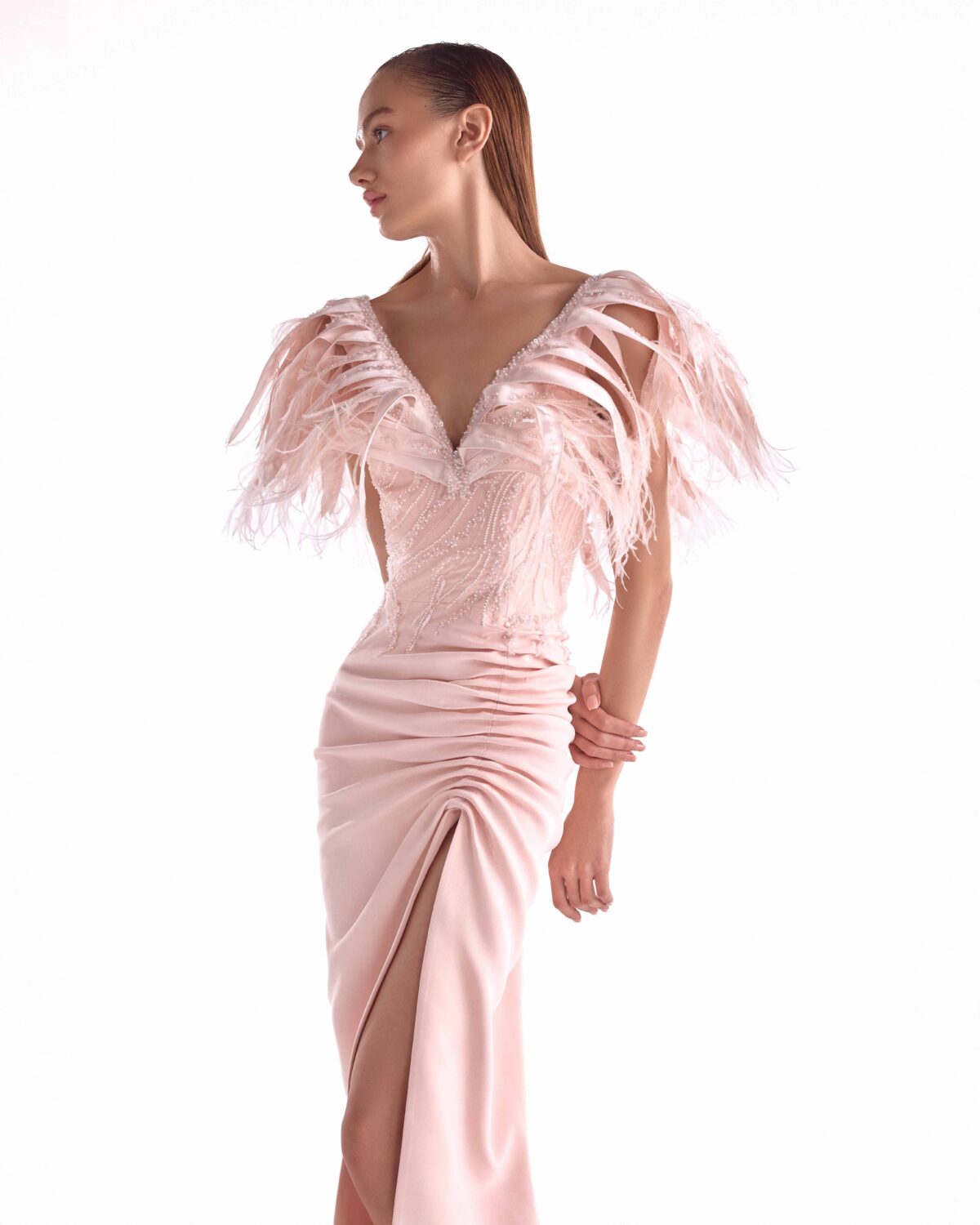 Sultry Salmon Pink Embellished Gown with Gathered Slit Skirt