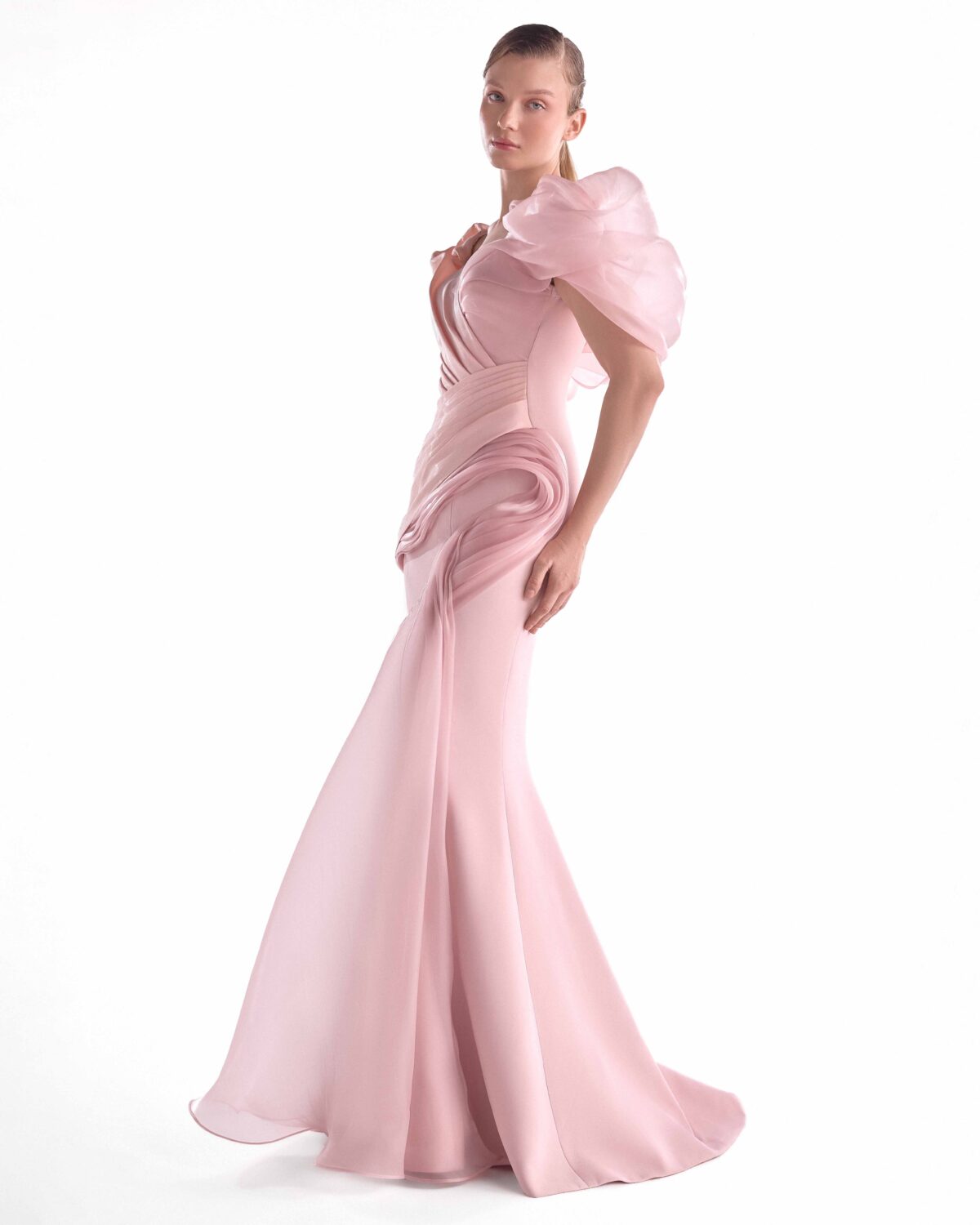 Asymmetrical Mixed Media Pink Mermaid Gown