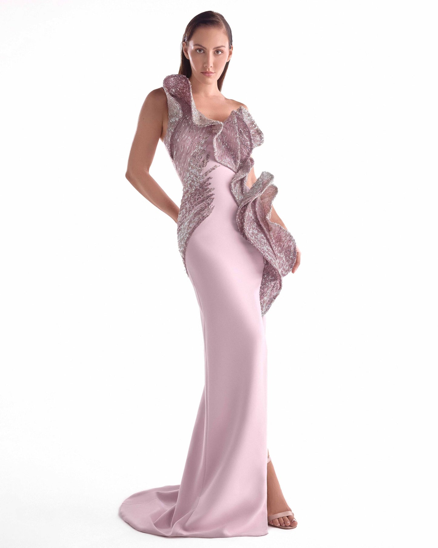 Three-Dimensional Embroidered Waves in Soft Pink Poised Dress