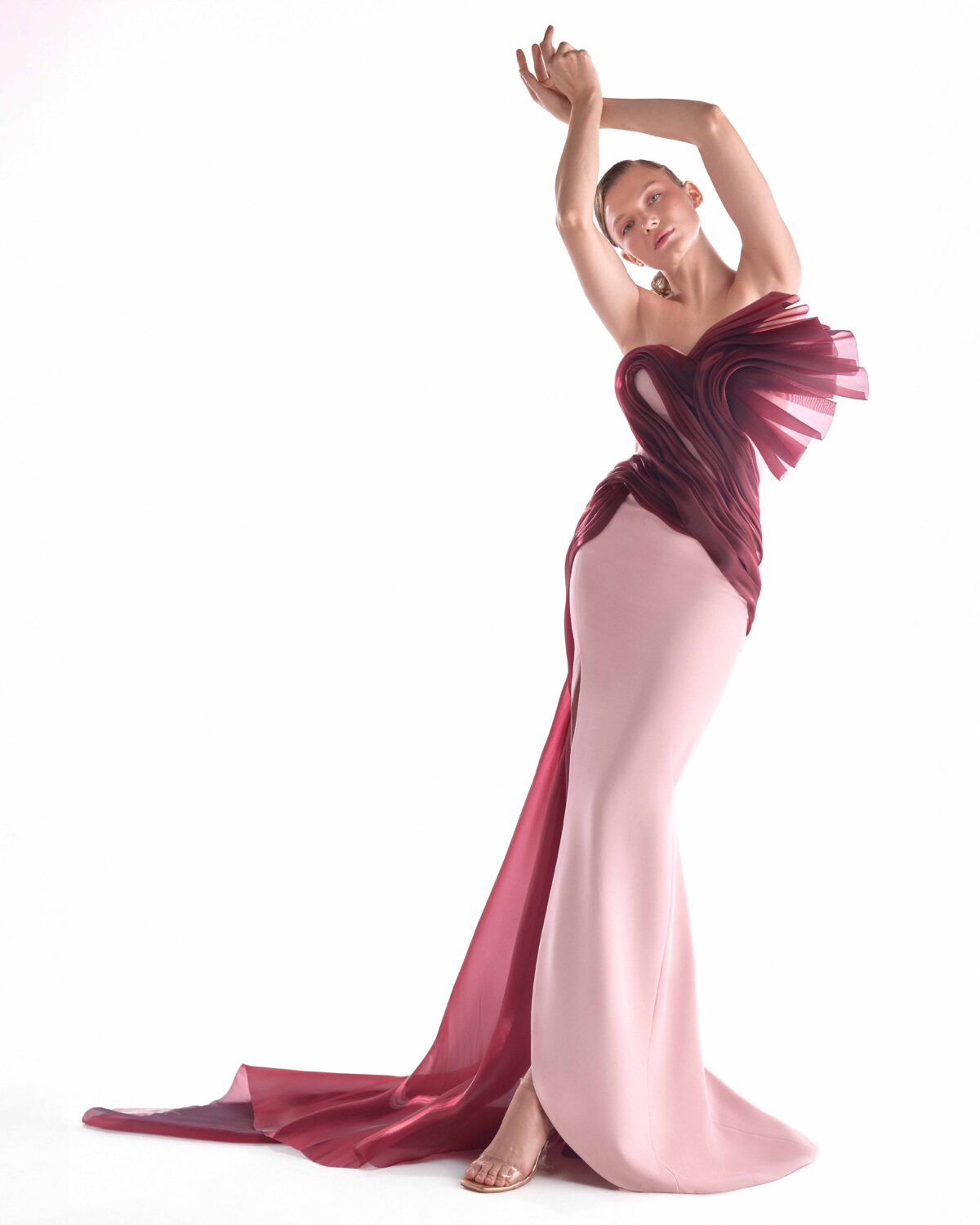 Fluid Crimson Flow on a Pink Crepe Evening Gown