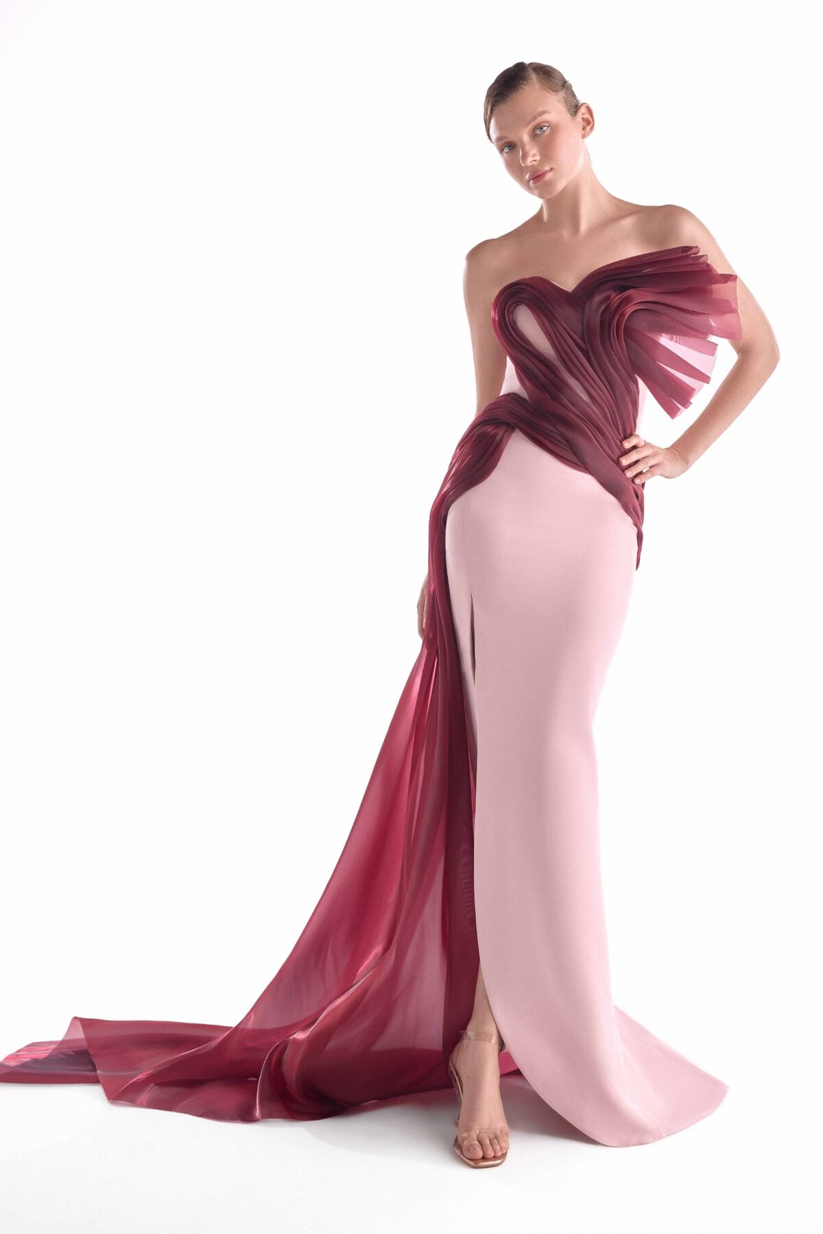 Fluid Crimson Flow on a Pink Crepe Evening Gown