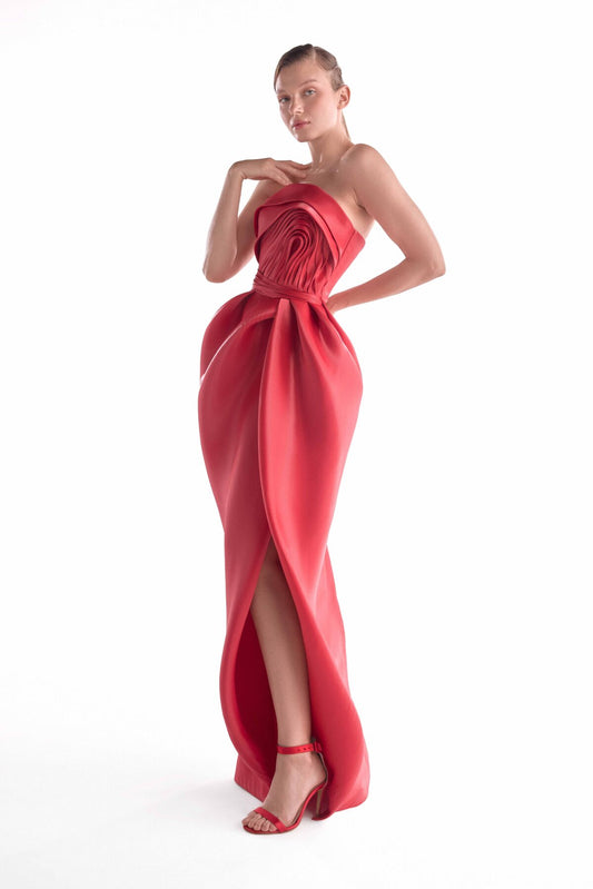 Fluid Red Tulip Draped Gown