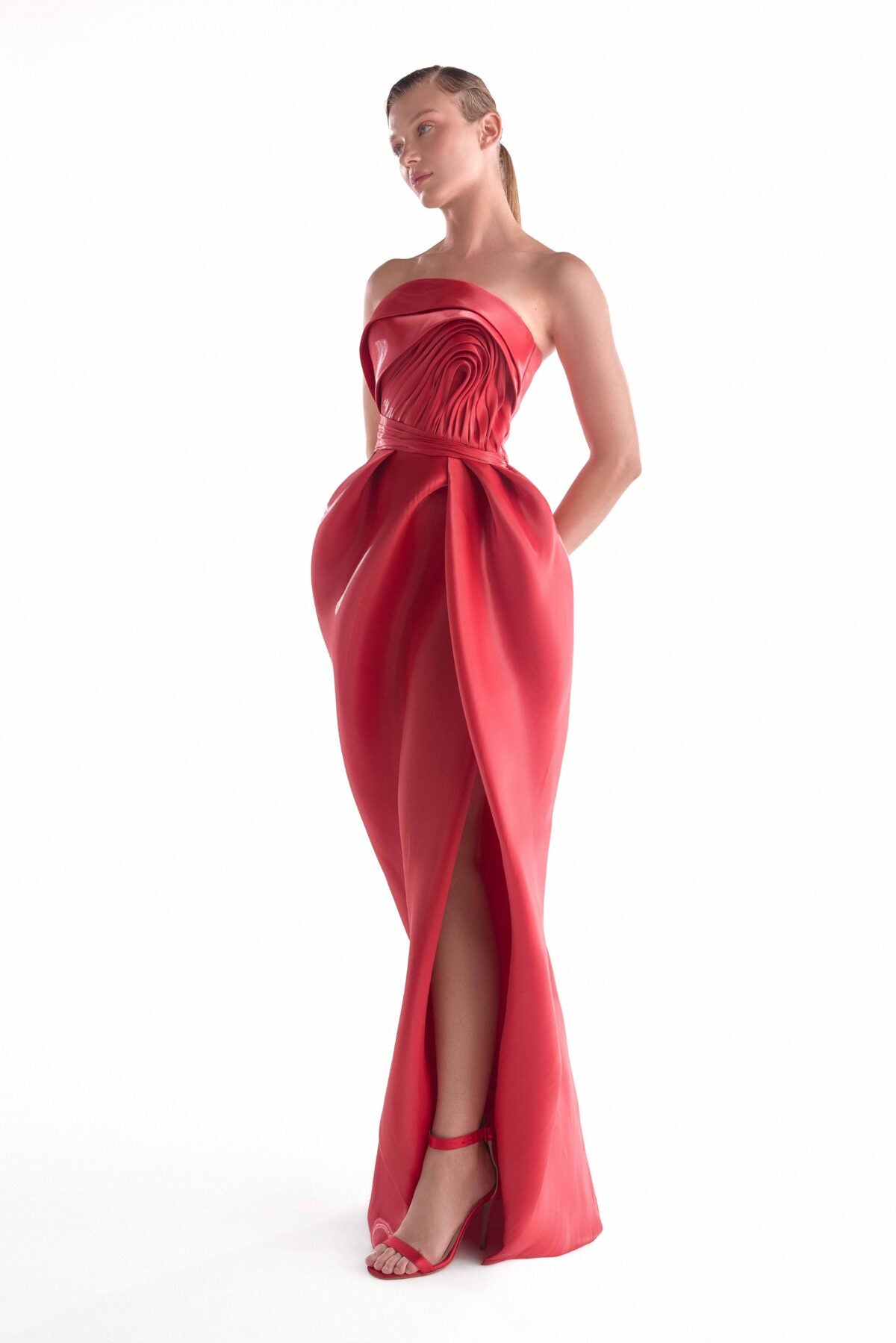 Fluid Red Tulip Draped Gown
