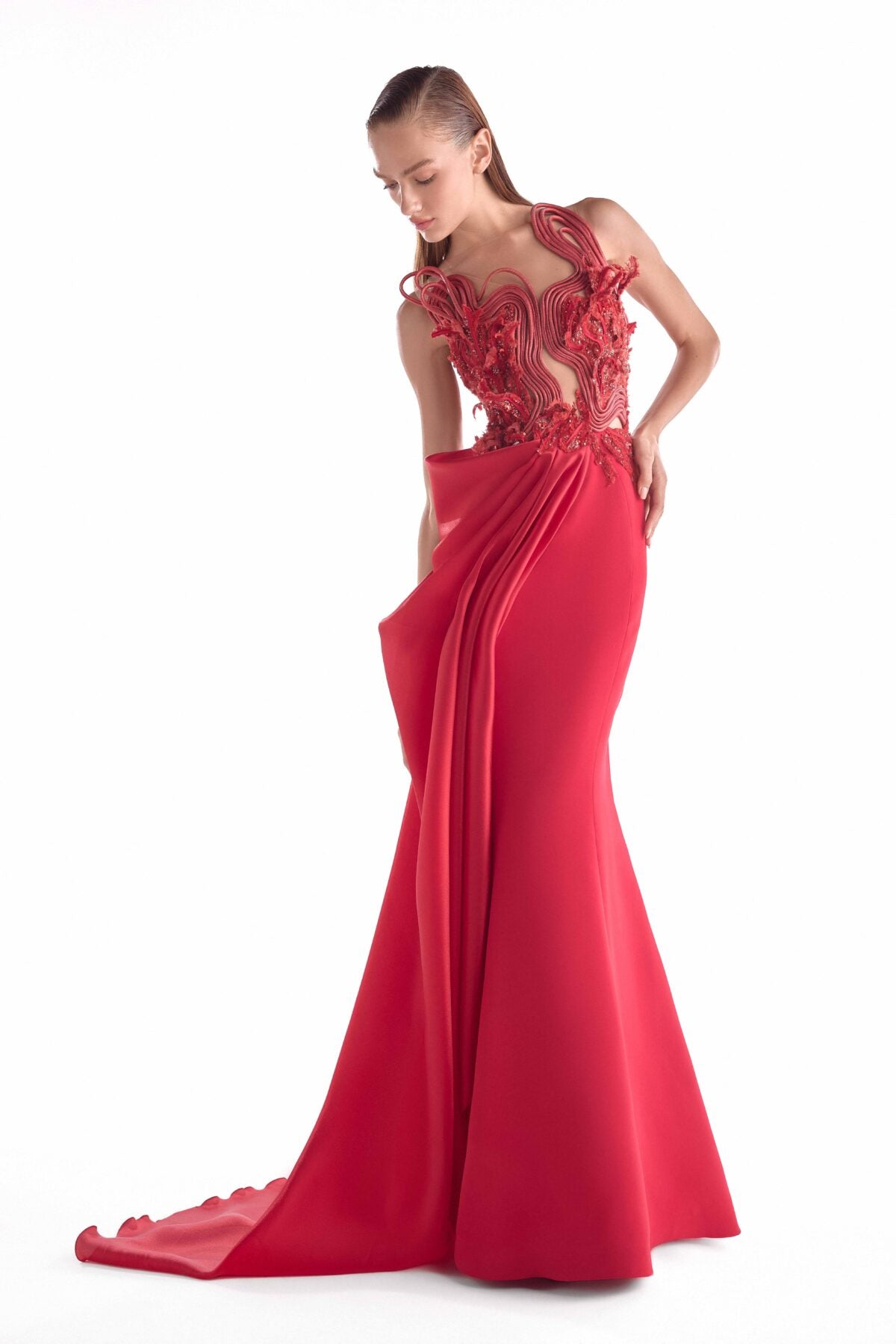 Crimson Corded Reverie, Embroidered Illusion Bodice Mermaid Gown