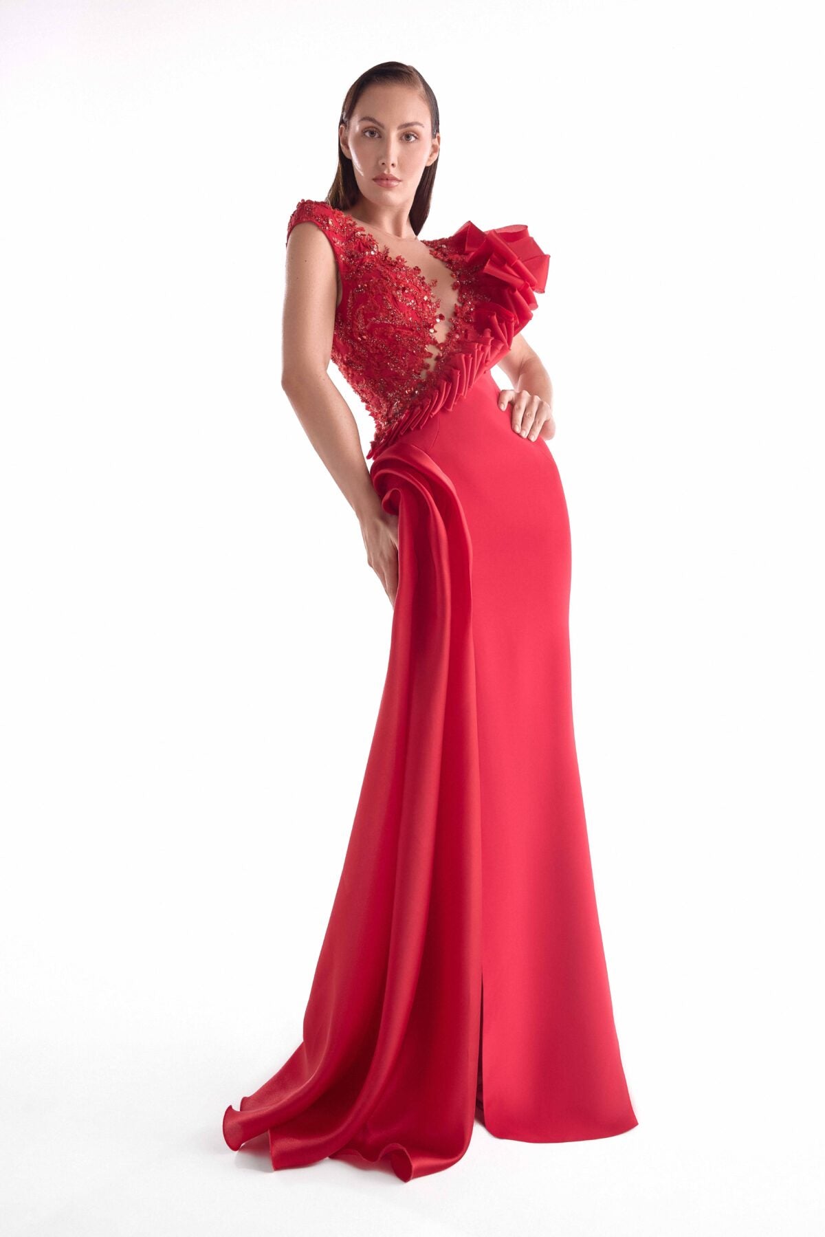 Deep Plunging Lustrous Red Gown