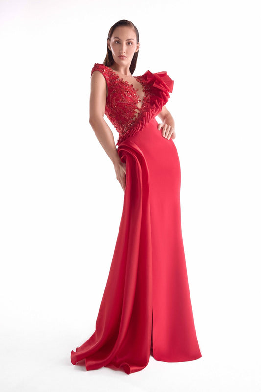 Deep Plunging Lustrous Red Gown