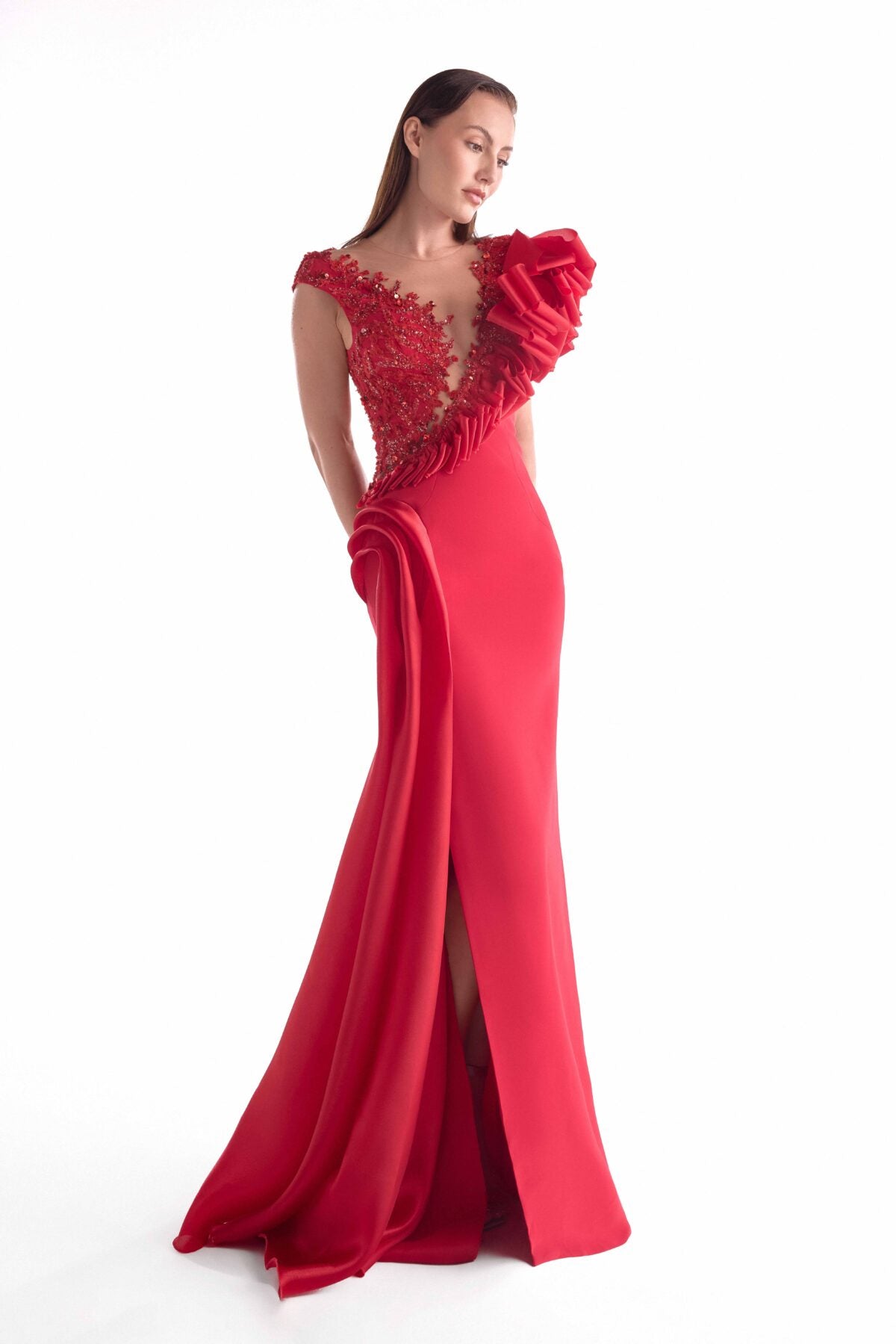 Deep Plunging Lustrous Red Gown