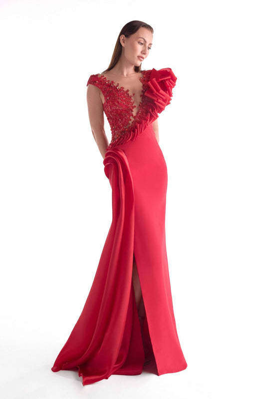 Deep Plunging Lustrous Red Gown