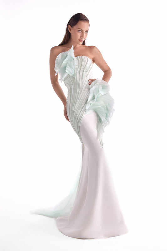 Mint-Kissed Pearl and pleated inserts Off-white Mermaid Gown