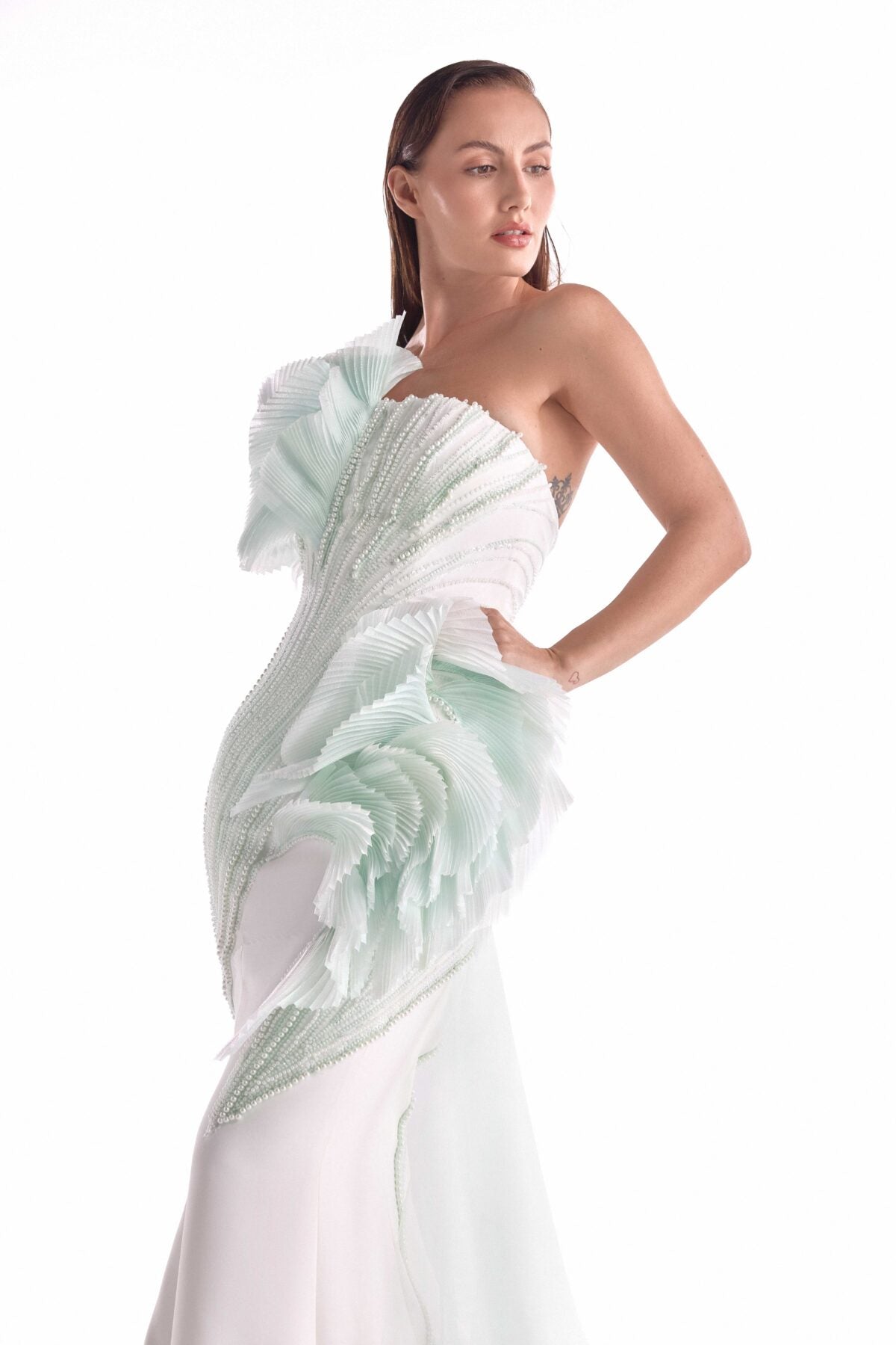 Mint-Kissed Pearl and pleated inserts Off-white Mermaid Gown
