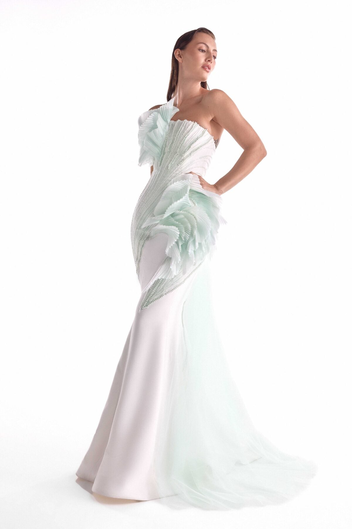 Mint-Kissed Pearl and pleated inserts Off-white Mermaid Gown