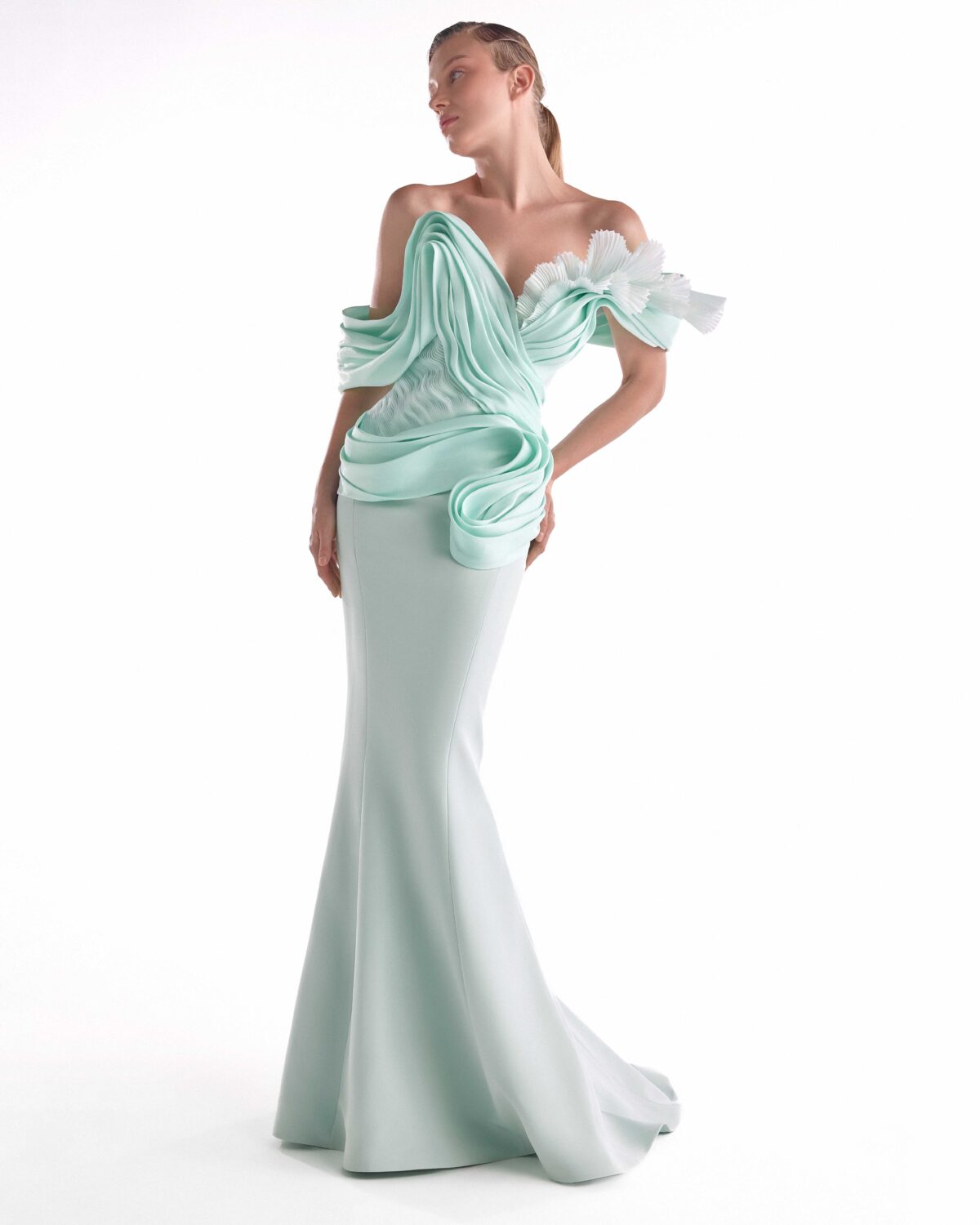 Ethereal Tide MiXed Media Mint Mermaid Gown