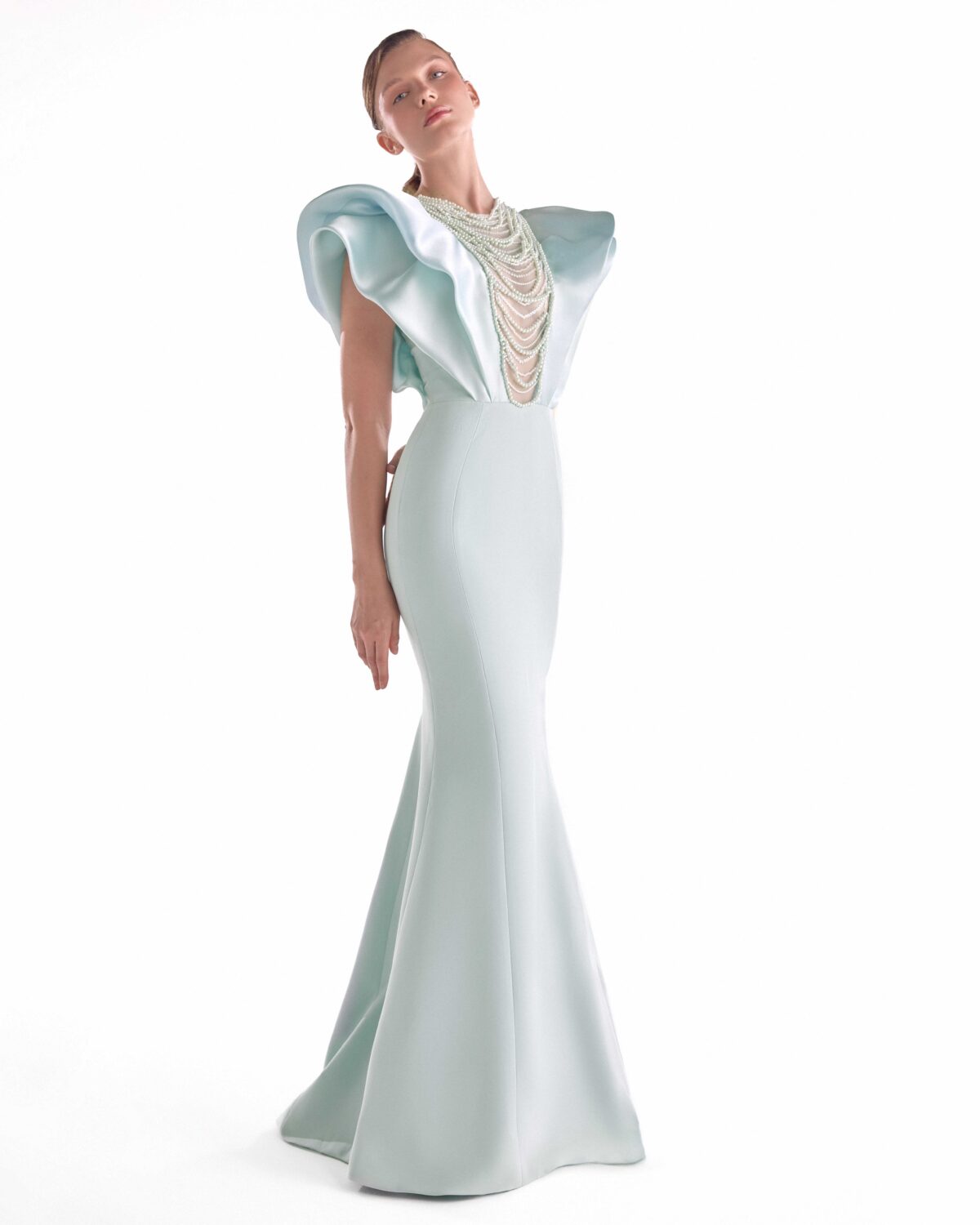 Ethereal Mint Mermaid Gown with Pearl Drapery