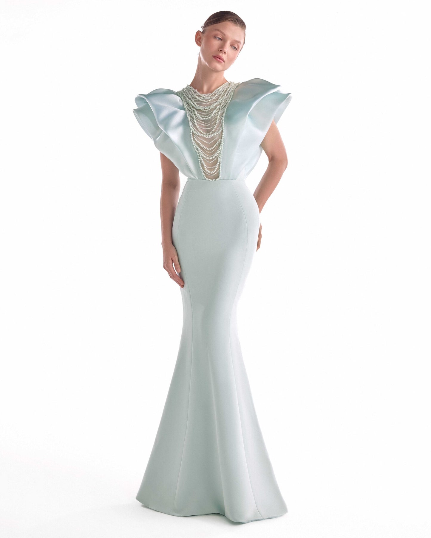 Ethereal Mint Mermaid Gown with Pearl Drapery