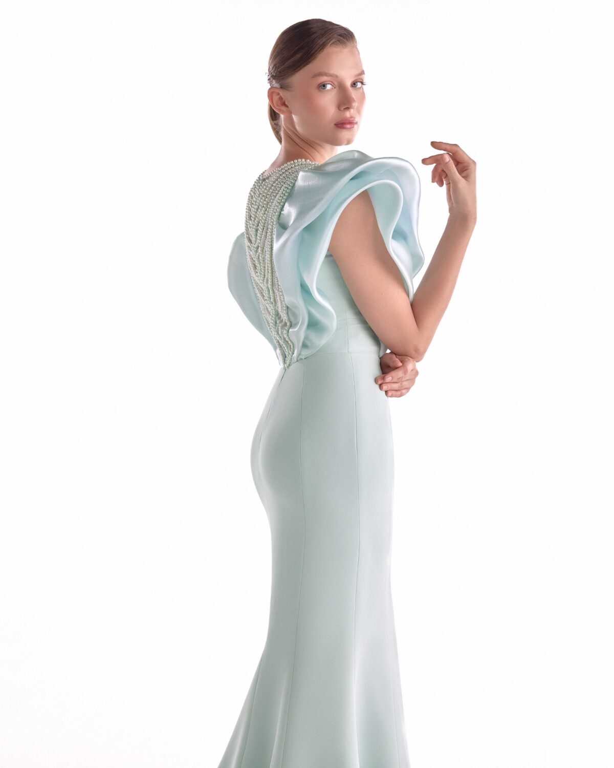 Ethereal Mint Mermaid Gown with Pearl Drapery