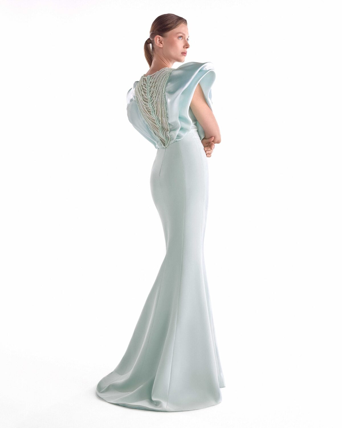 Ethereal Mint Mermaid Gown with Pearl Drapery