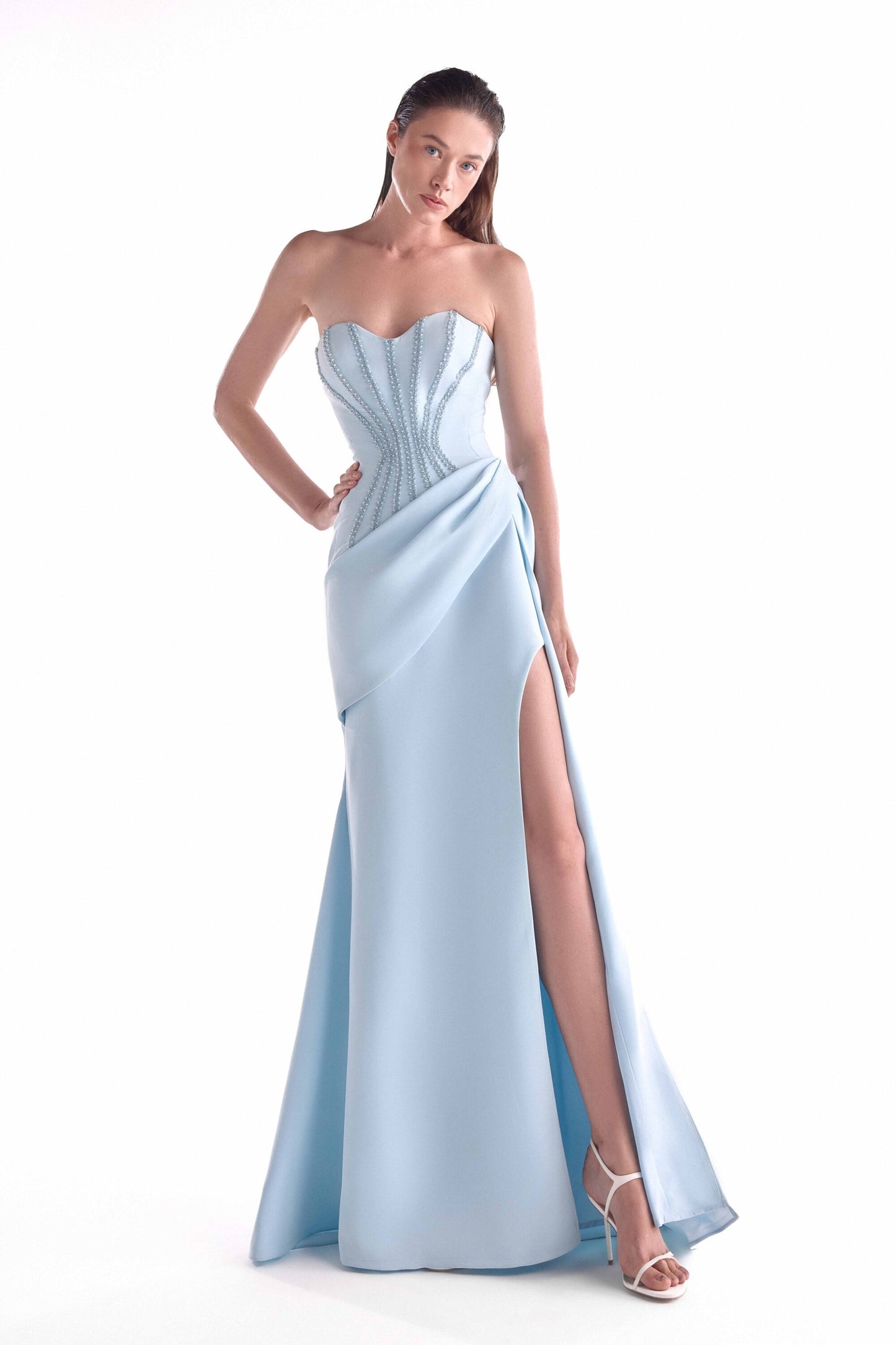 Cinched Waist Beading, Ice Blue Gown