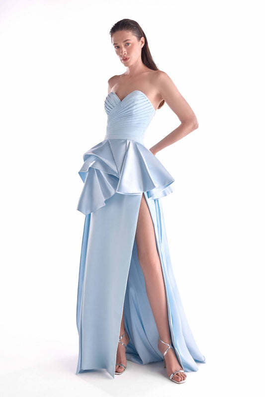 Celestial Ice Blue Peplum Gown with Pleated Bodice