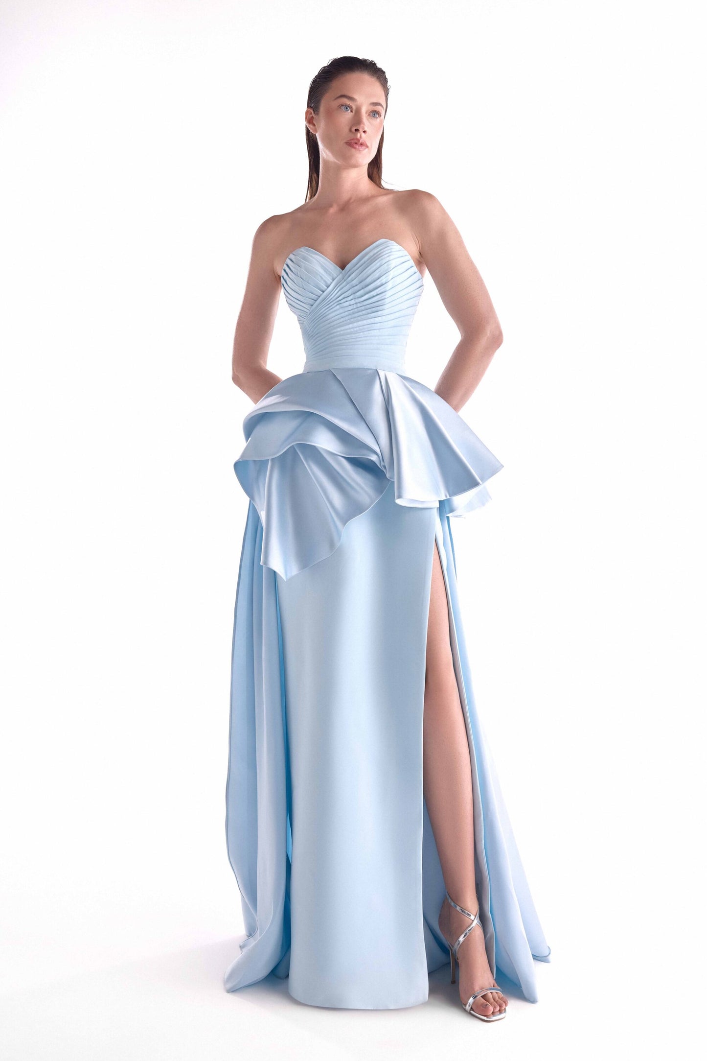 Celestial Ice Blue Peplum Gown with Pleated Bodice