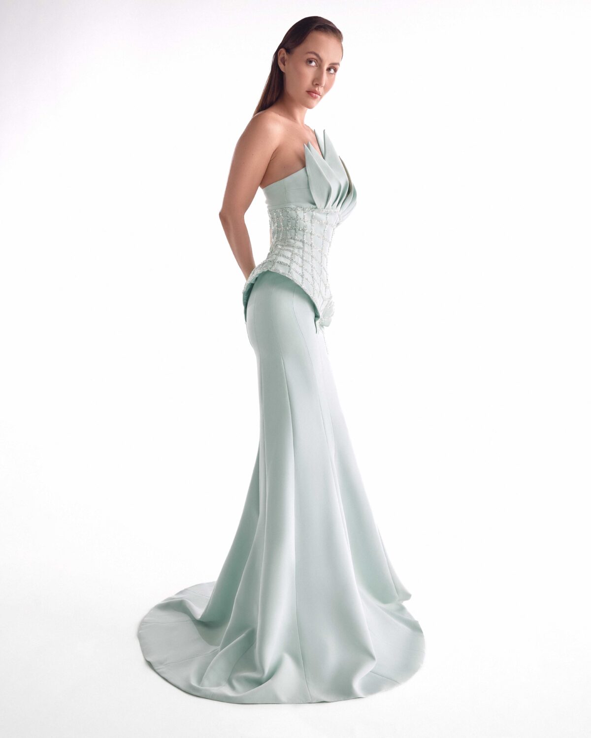 Sculpted Desire in a Mint Gown with Corset-Inspired Embroidery