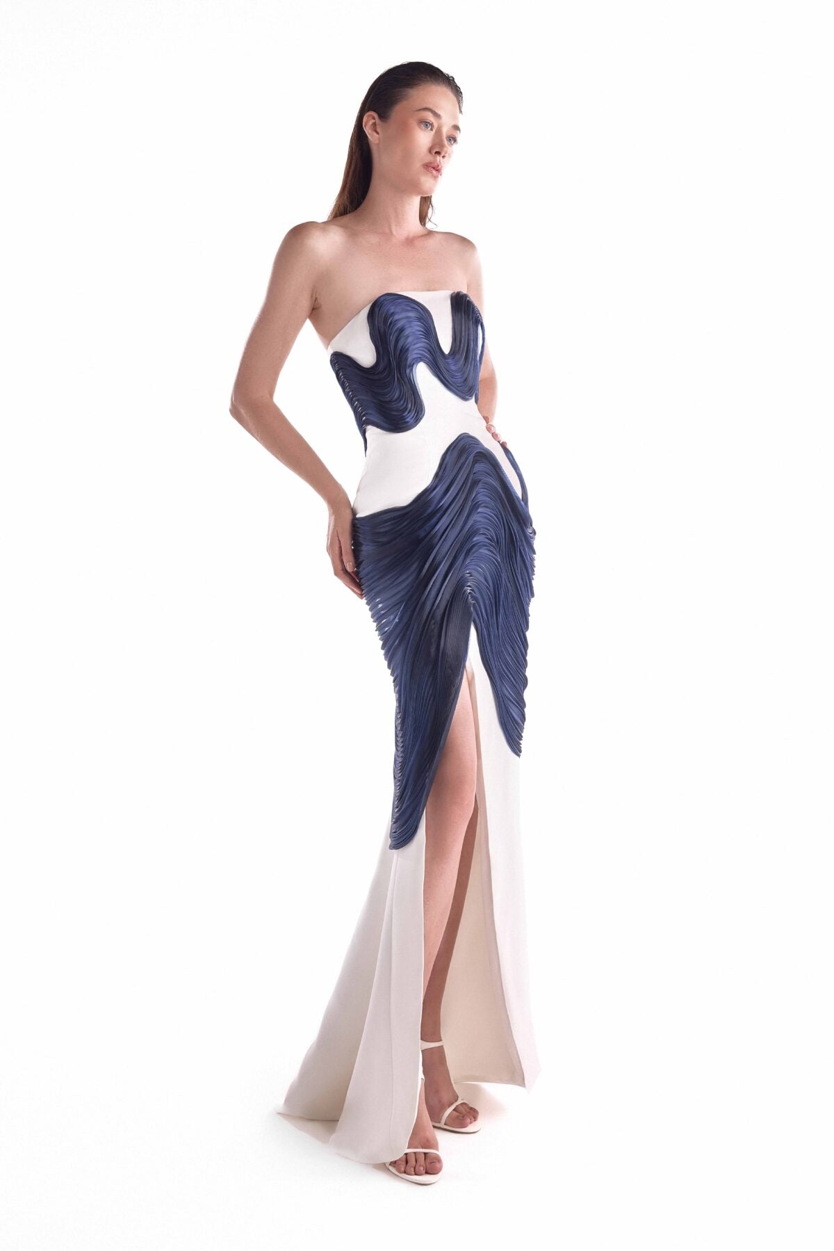 Ocean Etched Off-White Dress, with Royal Blue Fluid Organza Sculpture