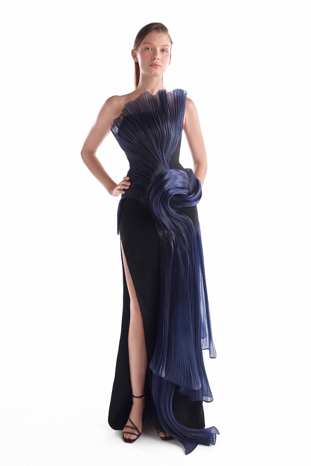 Midnight Blue Pleated Liquid Sculpture, Strapless Black Gown