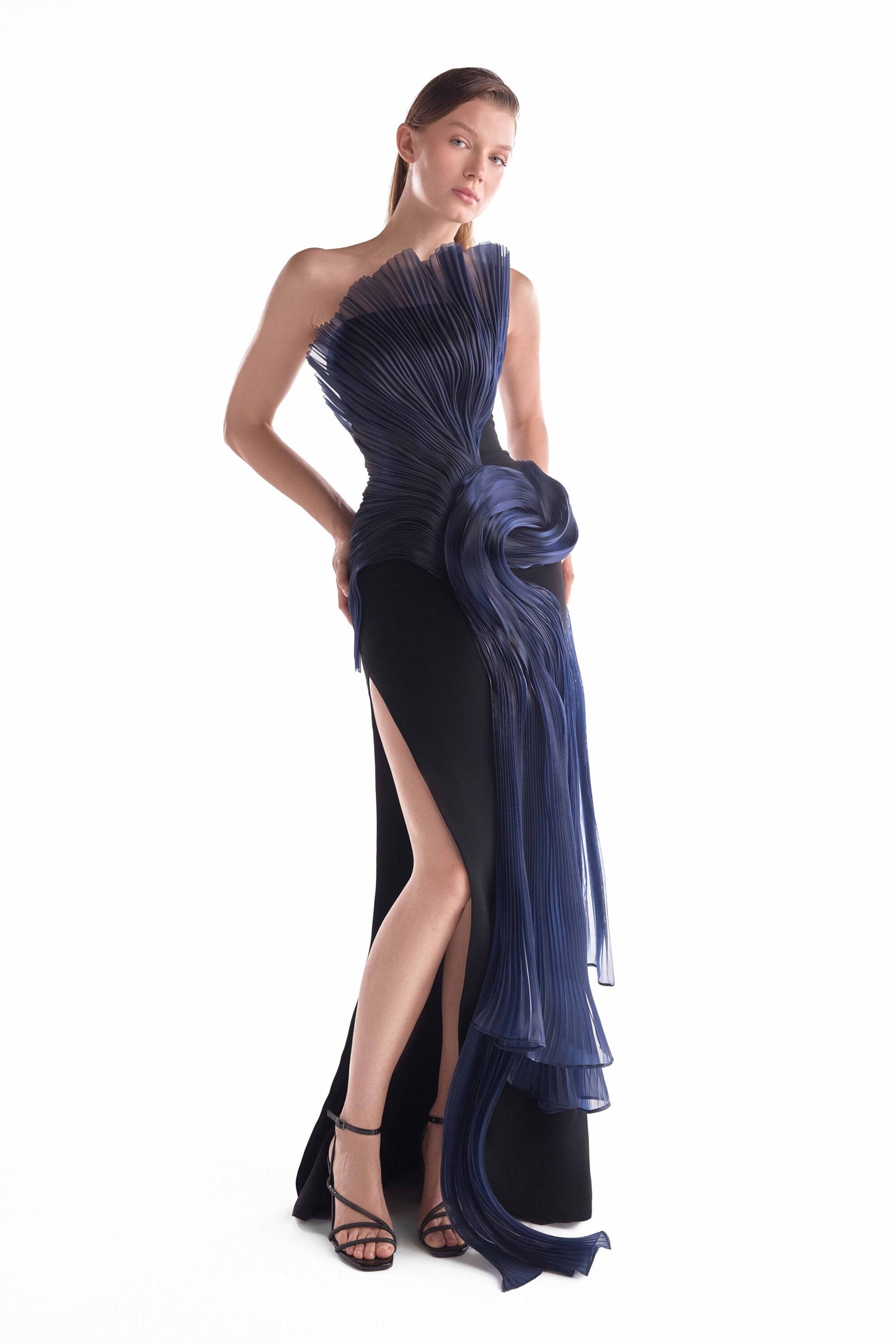 Midnight Blue Pleated Liquid Sculpture, Strapless Black Gown