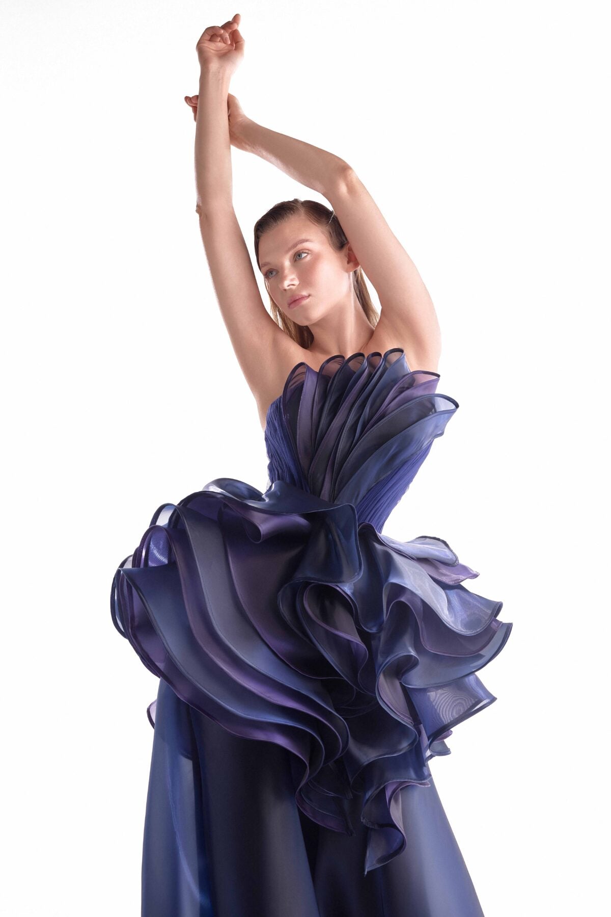 Midnight Bloom, Sculptural Purple and Navy Fluid Organza Gown