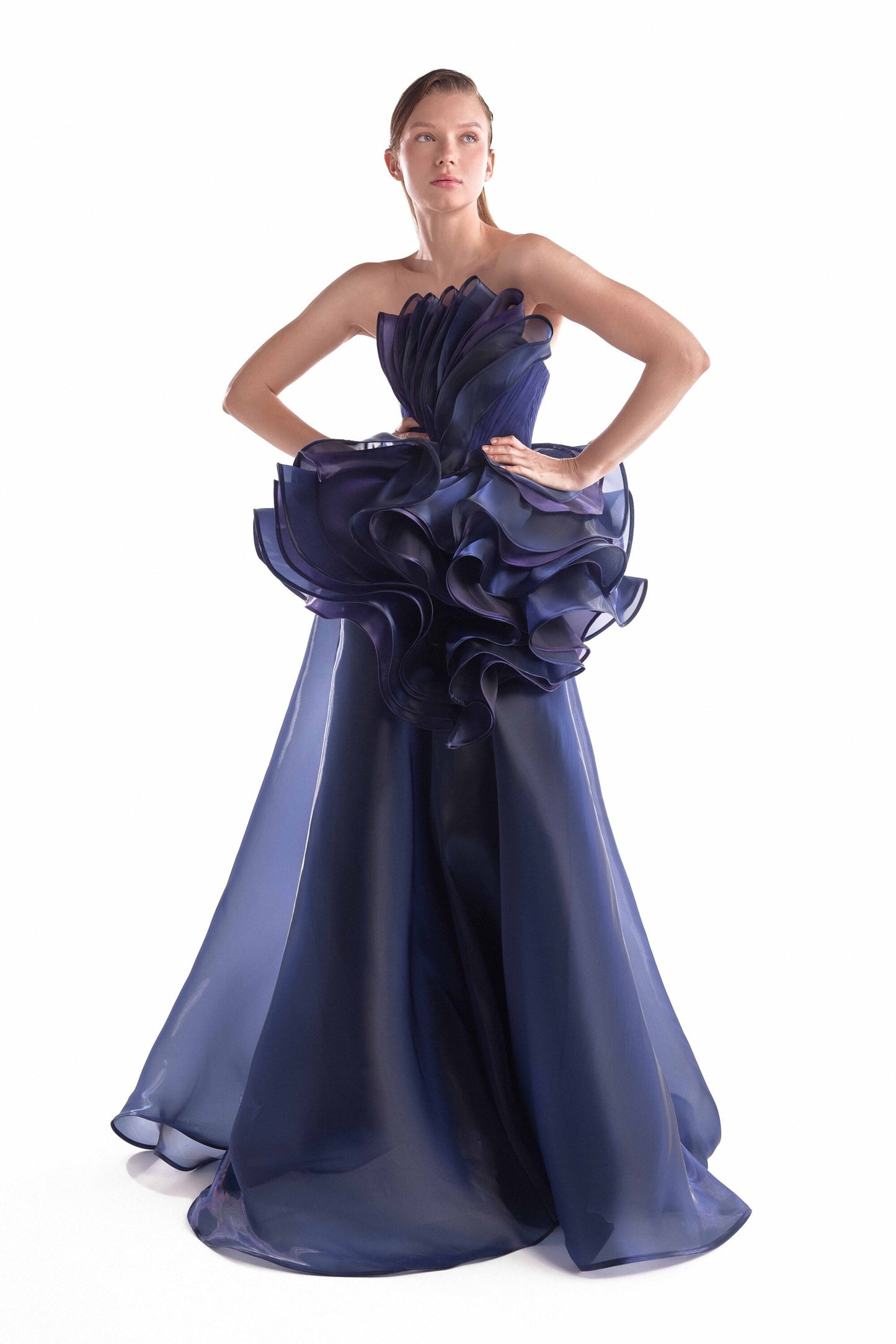 Midnight Bloom, Sculptural Purple and Navy Fluid Organza Gown