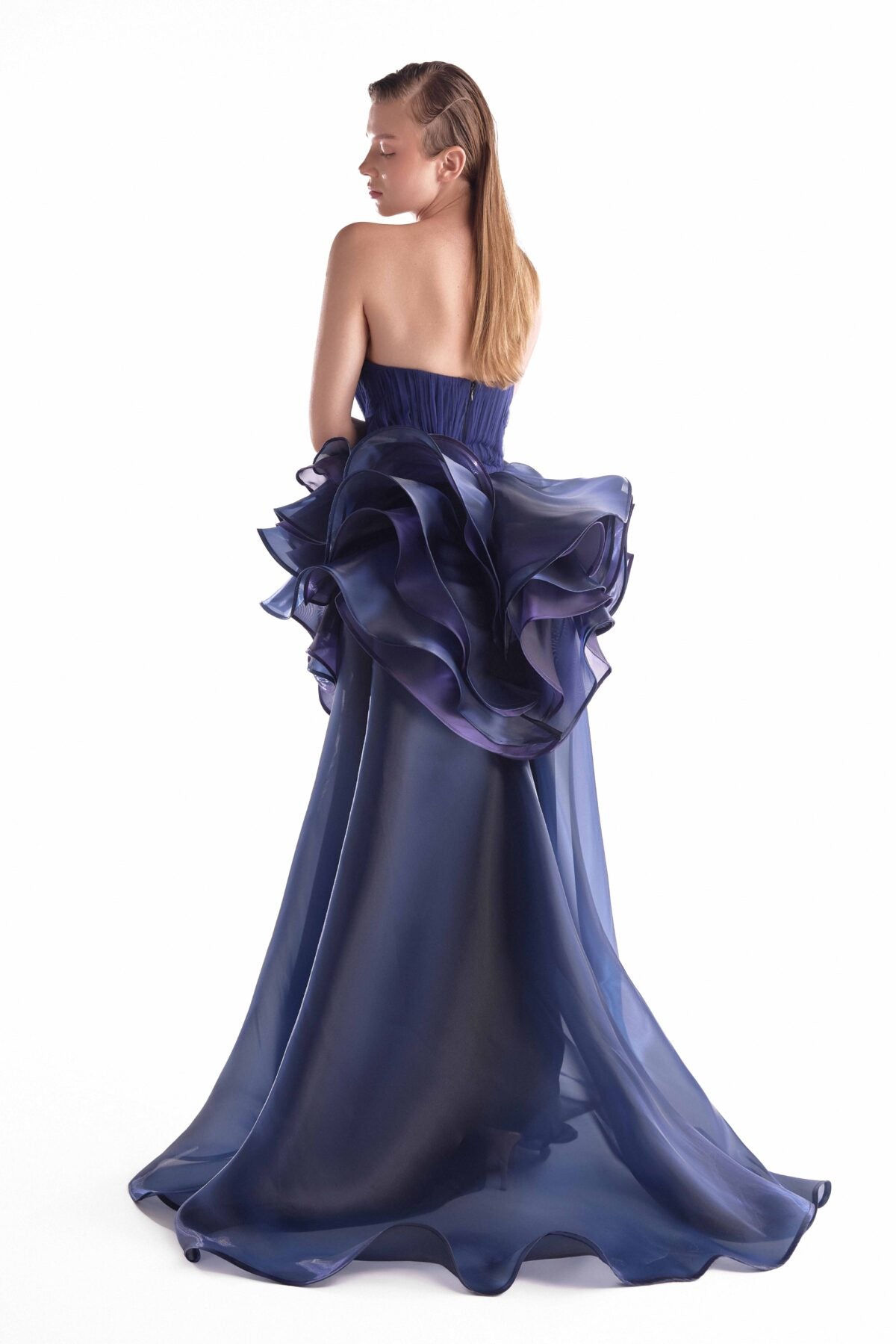 Midnight Bloom, Sculptural Purple and Navy Fluid Organza Gown