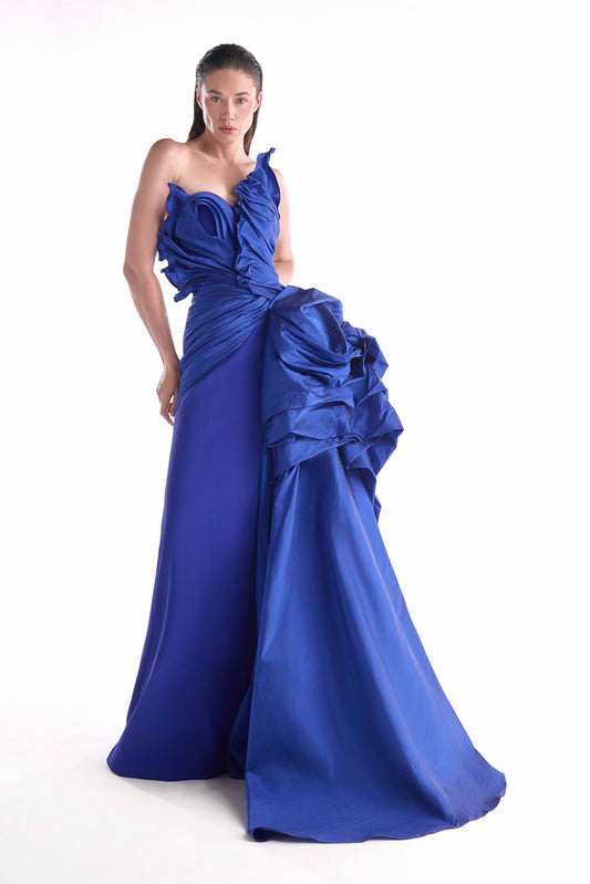 Cascading Sculptural Taffeta Gown, Ruched Royal Blue bodice