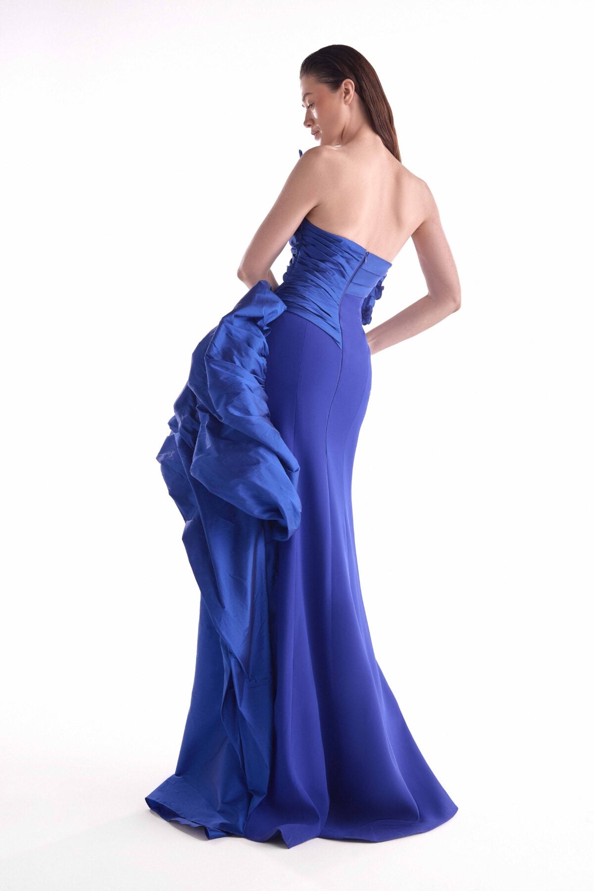 Cascading Sculptural Taffeta Gown, Ruched Royal Blue bodice