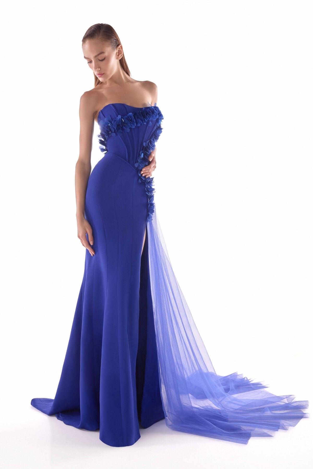 Boned Royal Blue Floral Embellished Corset Gown