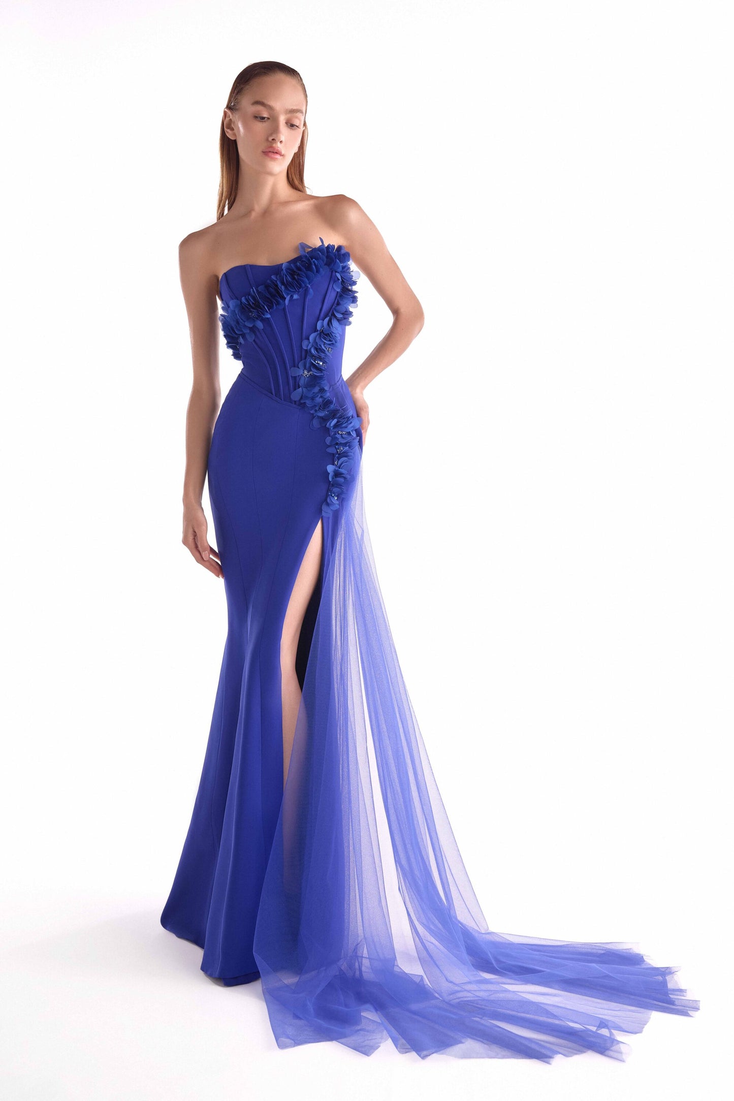 Boned Royal Blue Floral Embellished Corset Gown
