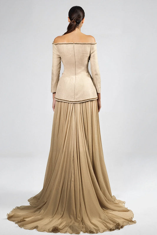 Off-Shoulder Embroidered Dress with Two Front Slits