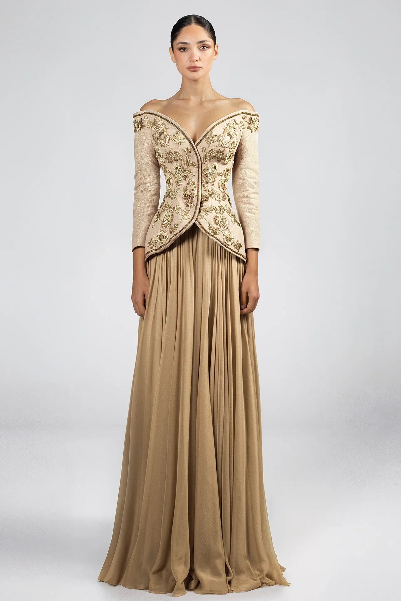 Off-Shoulder Embroidered Dress with Two Front Slits