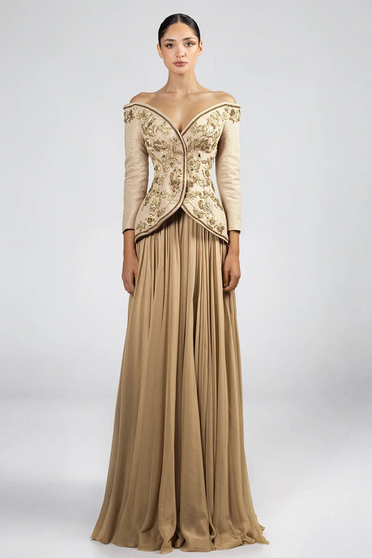 Off-Shoulder Embroidered Dress with Two Front Slits